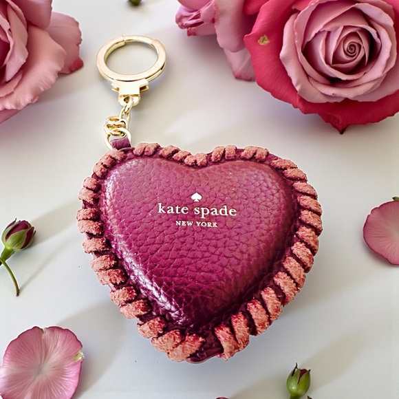kate spade Accessories - Kate Spade Burgundy Leather Heart Keychain & Bag Charm Accessory W/ Cross Stitch